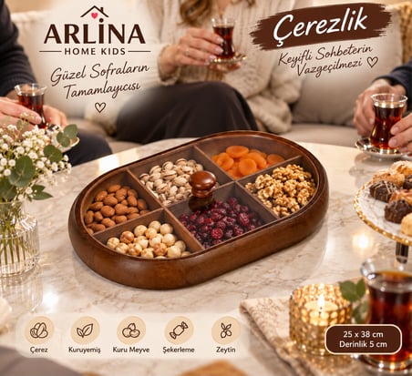 6 Bölmeli Kapaklı Şık Oval  Akasya Çerezlik