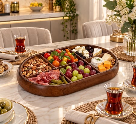 6 Bölmeli Kapaklı Şık Oval  Akasya Çerezlik