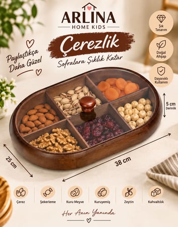 6 Bölmeli Kapaklı Şık Oval  Akasya Çerezlik