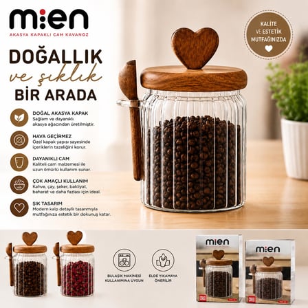 MİEN 570-460 ml İkili Akasya Kapaklı Kaşıklı Cam Kavanoz Seti Akasya Standlı