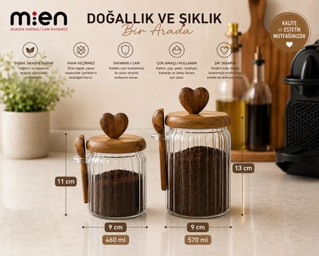 MİEN 570-460 ml İkili Akasya Kapaklı Kaşıklı Cam Kavanoz Seti Akasya Standlı