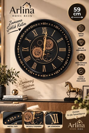 Arlina Home Kids 59 cm Metal Dekoratif Duvar Saati Siyah Bronz Roma Rakamlı Çark Detaylı