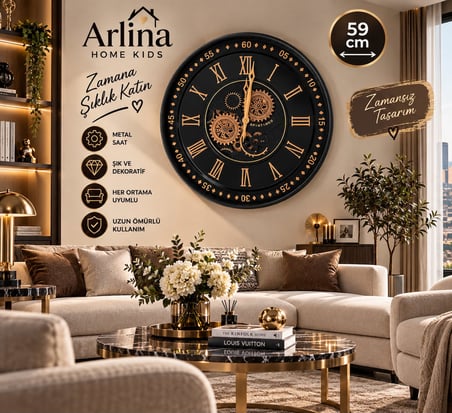 Arlina Home Kids 59 cm Metal Dekoratif Duvar Saati Siyah Bronz Roma Rakamlı Çark Detaylı