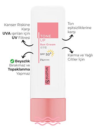 K-Lotus Tone Up Yüz ve Vücut SPF 50+ Güneş Koruyucu Krem PA++++ 50 ml (Tüm Cilt Tipleri İçin)