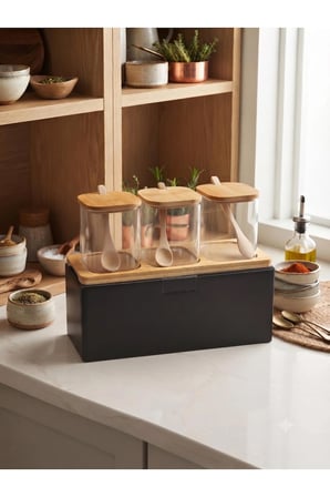 Bambu Kapaklı Kaşıklı 3'Lü Borosilikat Cam Baharatlık Seti Ve Ahşap Standlı Organizer (3 X 350 Ml)