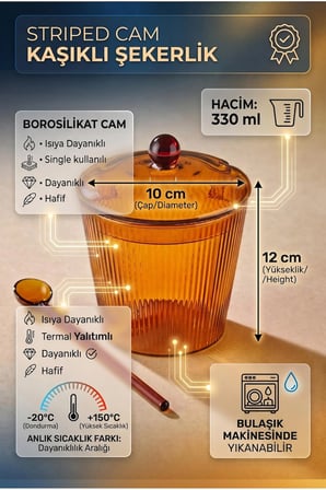 The Mia Çizgili Borosilikat Cam Kaşıklı Şekerlik - Isıya Dayanıklı Amber Kapaklı Şekerlik 330 ml