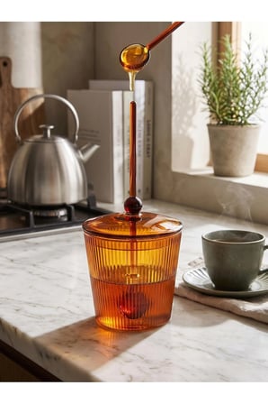 The Mia Çizgili Borosilikat Cam Kaşıklı Şekerlik - Isıya Dayanıklı Amber Kapaklı Şekerlik 330 ml