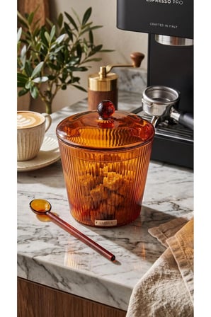 The Mia Çizgili Borosilikat Cam Kaşıklı Şekerlik - Isıya Dayanıklı Amber Kapaklı Şekerlik 330 ml