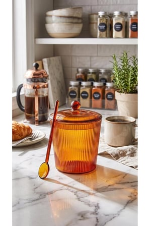 The Mia Çizgili Borosilikat Cam Kaşıklı Şekerlik - Isıya Dayanıklı Amber Kapaklı Şekerlik 330 ml