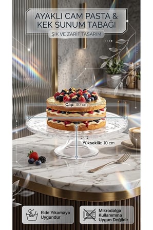 The Mia Şık Tasarımlı Ayaklı Cam Sunum Tabağı Pasta Kek Standı 30x10 cm