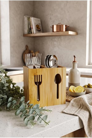  bambu kaşıklık 11x11x16 cm çatal bıçaklık tezgah üstü mutfak organizatörü