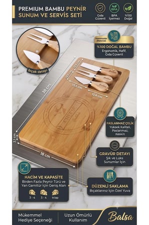 Premium %100 Doğal Bambu Peynir Sunum Tahtası ve 3'lü Paslanmaz Çelik Bıçaklı Servis Seti 38x18 cm