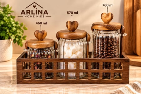 460 ml + 570 ml + 760 ml Ahşap Standlı Cam Kavanoz Seti 