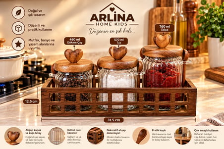 460 ml + 570 ml + 760 ml Ahşap Standlı Cam Kavanoz Seti 