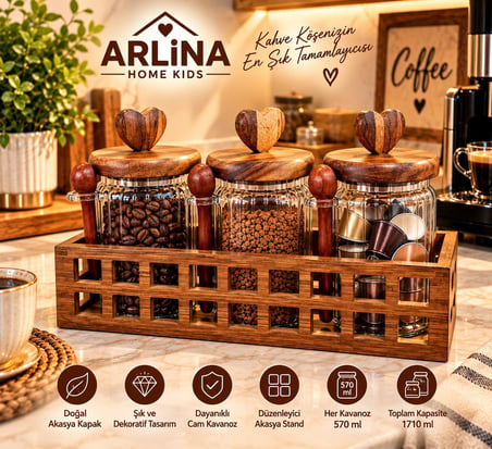 3’lü 570 ml Cam Kavanoz & Ahşap Stand Seti