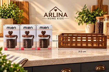 3’lü 570 ml Cam Kavanoz & Ahşap Stand Seti