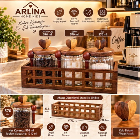 3’lü 570 ml Cam Kavanoz & Ahşap Stand Seti