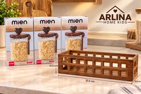 3’lü 760 ml Cam Kavanoz & Akasya Stand Seti 