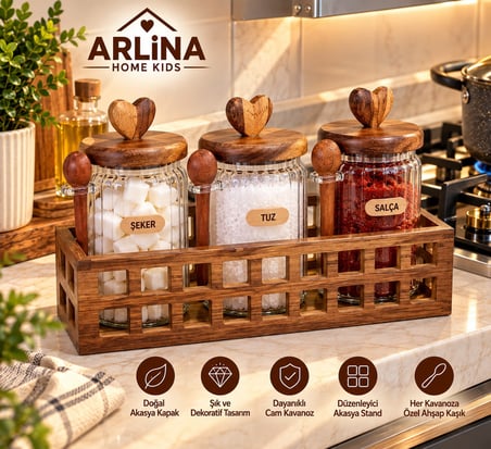 3’lü 760 ml Cam Kavanoz & Akasya Stand Seti 