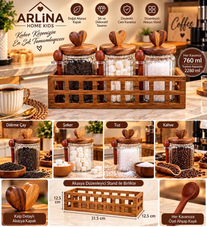 3’lü 760 ml Cam Kavanoz & Akasya Stand Seti 