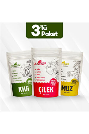 Dondurularak Kurutulmuş Meyve 3'lü Set 1 (Çilek 15g, Muz 30g, Kivi 20g)