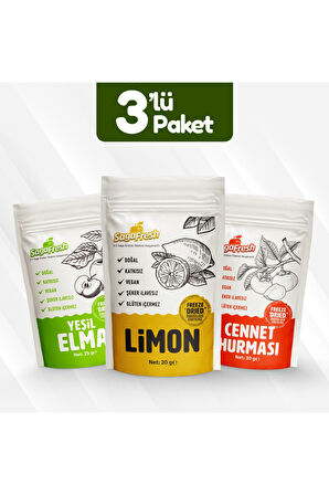 Dondurularak Kurutulmuş Meyve 3'lü Set 4 (Limon 20g, Cennet Hurması 30g, Yeşil Elma 25g)