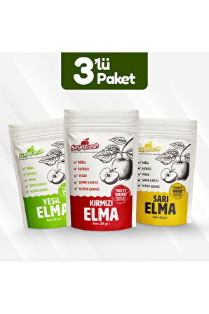 Dondurularak Kurutulmuş Meyve 3'lü Elma Paketi (Kırmızı Elma 25g, Yeşil Elma 25g, Sarı Elma 25g)