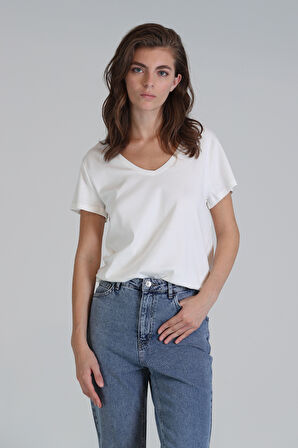 Florans Kadın %100 Pamuk T-Shirt Ekru