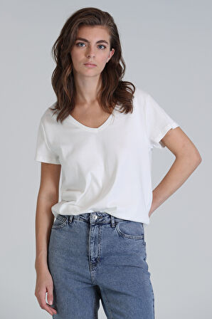 Florans Kadın %100 Pamuk T-Shirt Ekru