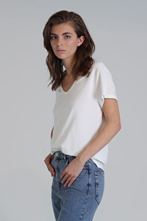 Florans Kadın %100 Pamuk T-Shirt Ekru