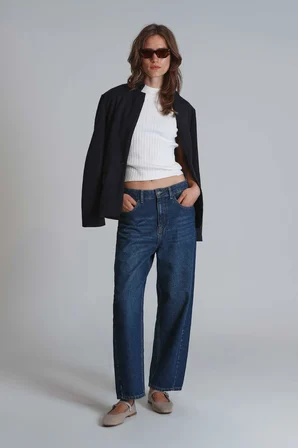 Lotus Kadın Denim Mom Fıt- Yüksek Bel Koyu Mavi