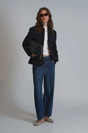 Lotus Kadın Denim Mom Fıt- Yüksek Bel Koyu Mavi