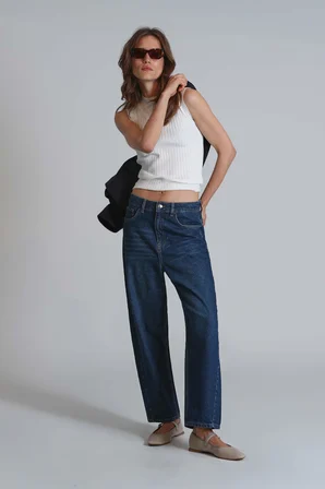 Lotus Kadın Denim Mom Fıt- Yüksek Bel Koyu Mavi