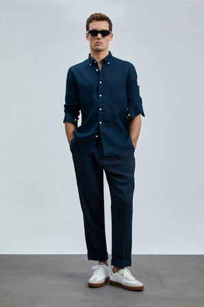 Pitaya Erkek Keten Gömlek Comfort Fit Lacivert