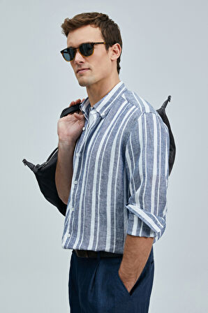 Lufian Erkek Conroy Regular Fit  Keten Gömlek 111010640 Lacivert