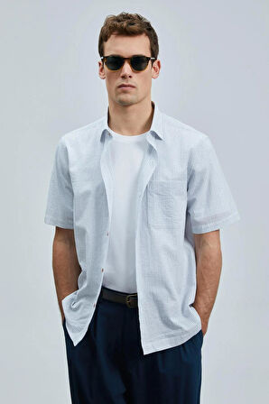 Lufian Kamer Regular Fit Erkek Lacivert Çizgili Pamuk Gömlek 111010642