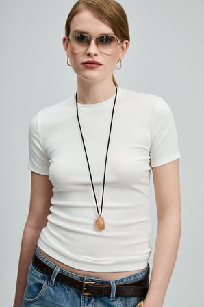 LUFIAN Pamuk Karışımlı Bisiklet Yaka T Shirt Bayan T SHİRT 121020032 KIRIK BEYAZ