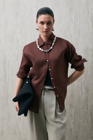 LUFIAN Comfort Fit Klasik Yaka Uzun Kollu Keten Gömlek Bayan GÖMLEK 121010016 AÇIK KAHVE