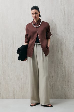 LUFIAN Comfort Fit Klasik Yaka Uzun Kollu Keten Gömlek Bayan GÖMLEK 121010016 AÇIK KAHVE
