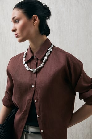 LUFIAN Comfort Fit Klasik Yaka Uzun Kollu Keten Gömlek Bayan GÖMLEK 121010016 AÇIK KAHVE