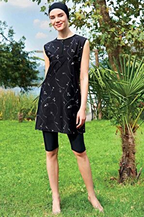 Ruko Maio Kadın Siyah Desenli Battal Dip Kol Tesettür Mayo 2434 