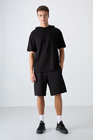Tommy Life Siyah Erkek Kapüşonlu Oversize T-shirt 88352 