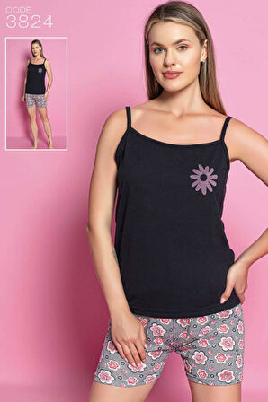 Reo Kadın İp Askılı Siyah Şortlu Pijama Takım 3824 