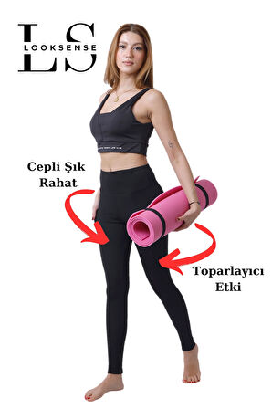 Looksense Kadın Siyah Yüksek Bel Çift Cepli Toparlayıcı Fitness Spor Tayt 1005