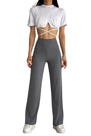 Looksense Kadın Kaşkorse Yüksek Bel Bol Paça Fitilli Tayt 01034 