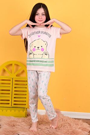 kız çocuk kısa kollu pijama takımı together forever somon  