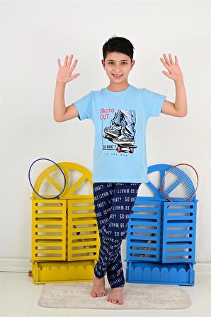 erkek çocuk kısa kollu pijama takımı so what skate model mavi