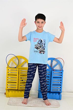 erkek çocuk kısa kollu pijama takımı so what skate model mavi