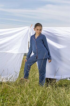 kız çocuk uzun kollu düğmeli pijama takımı mini puanlı lacivert
