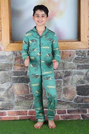 Erkek Çocuk Pijama Takımı Düğmeli Tropikal Desen Uzun Kollu